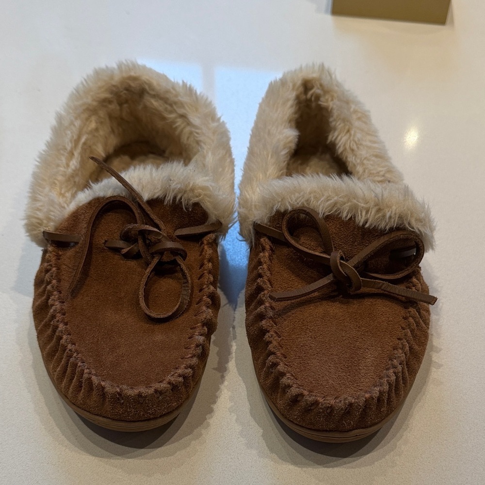 J. Crew Lodge Moccasins Brown Suede Slippers with Sherpa Fur Lining, Size 8